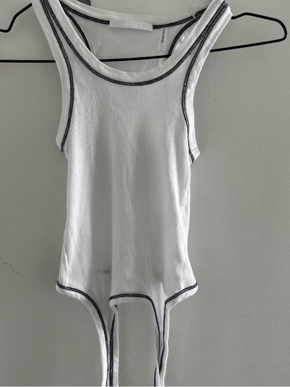 Helmut Lang White Ribbed Tank Bodysuit with Black Contrast Stitching